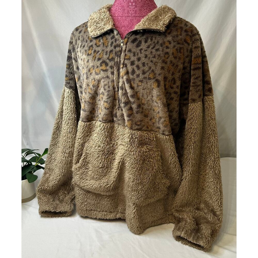 Andrew by Unit Sherpa Fleece Pullover Leopard Pring 1/4 Zip Women's Large